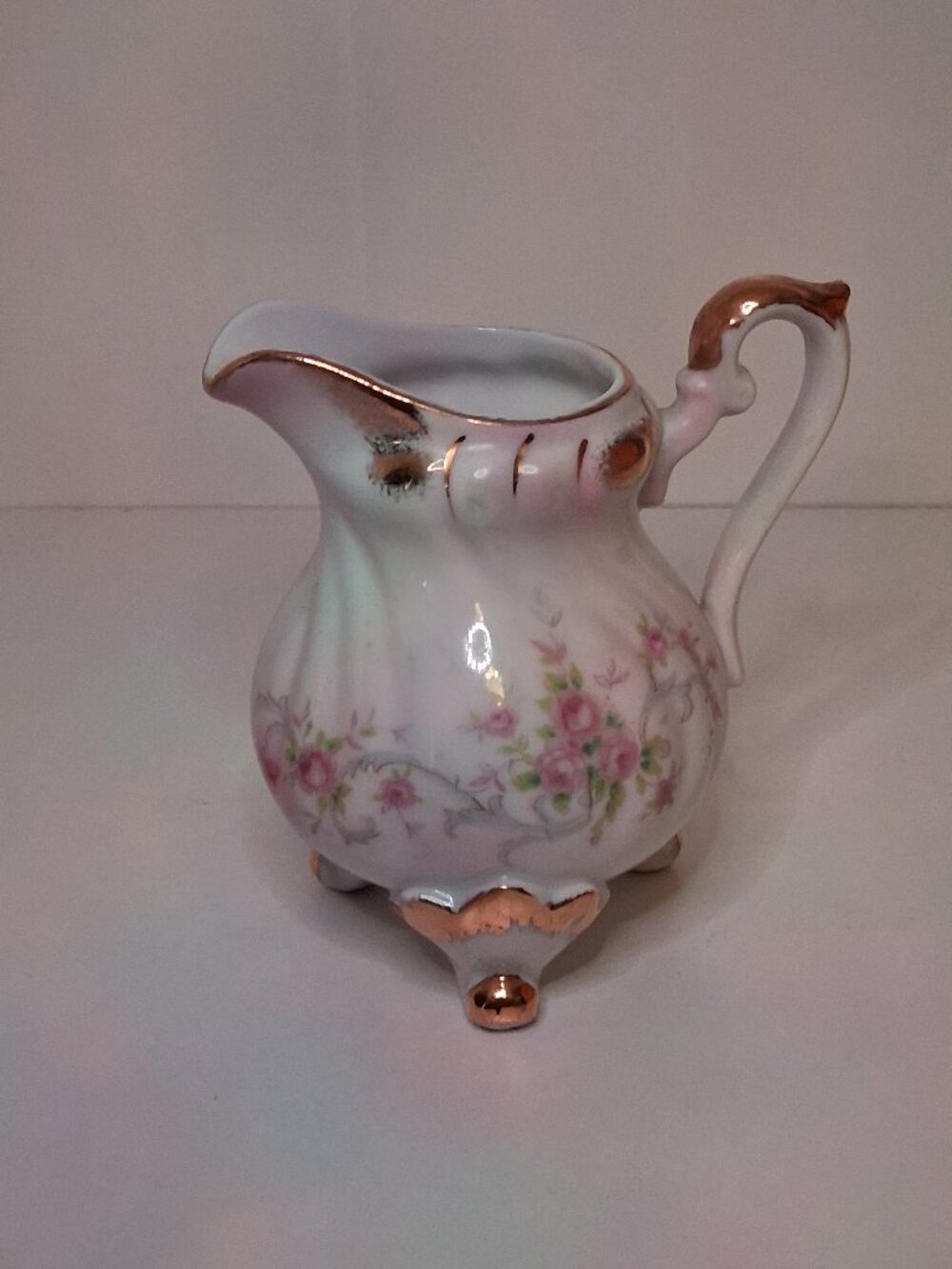 Vintage Lefton China Hand Painted Heirloom Rose Creamer Pitcher footed Gold Trim